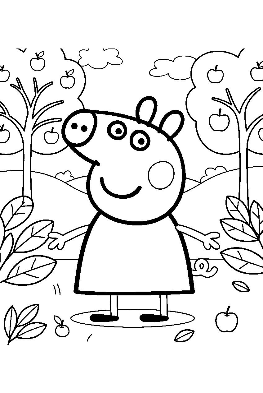peppa pig in apple orchard line art