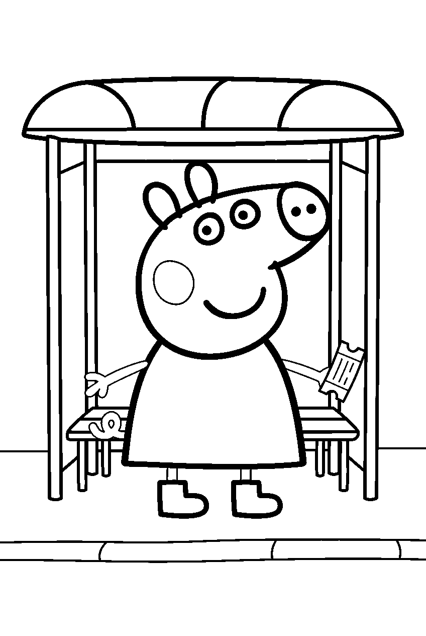 peppa pig in bus stop line art