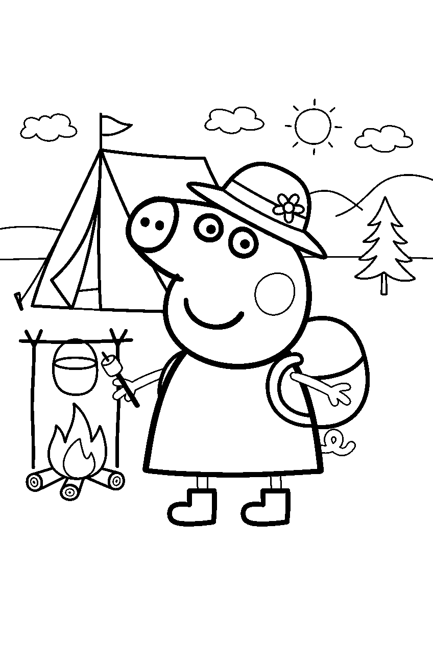 peppa pig in camping area line art