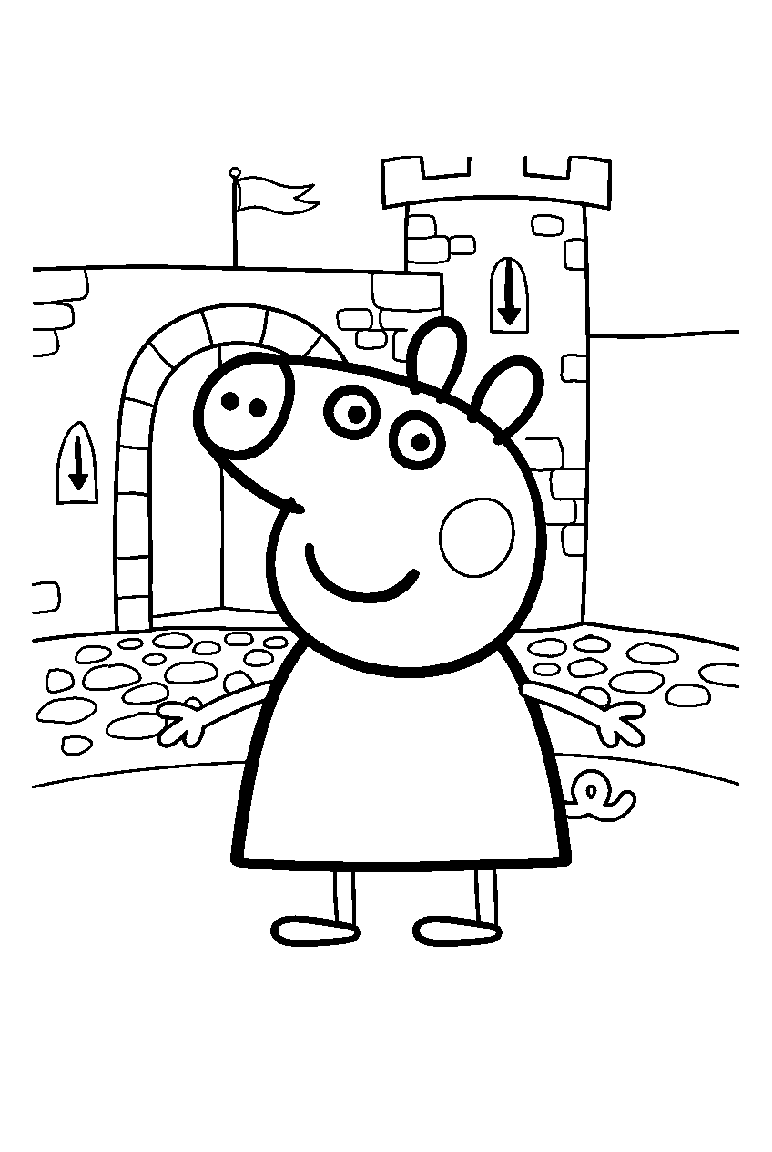 peppa pig in castle courtyard line art