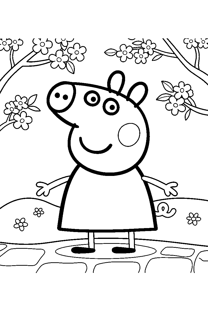 peppa pig in cherry blossom park line art