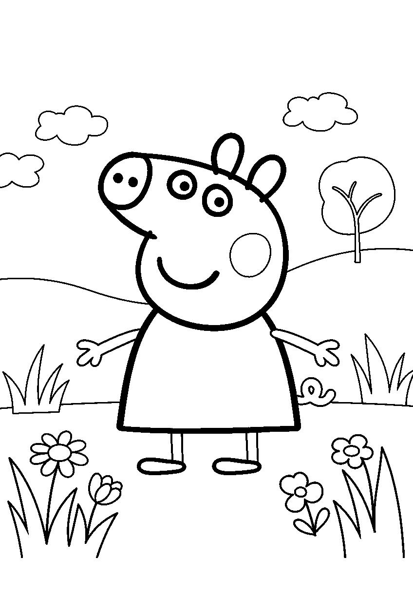 peppa pig in countryside meadow line art