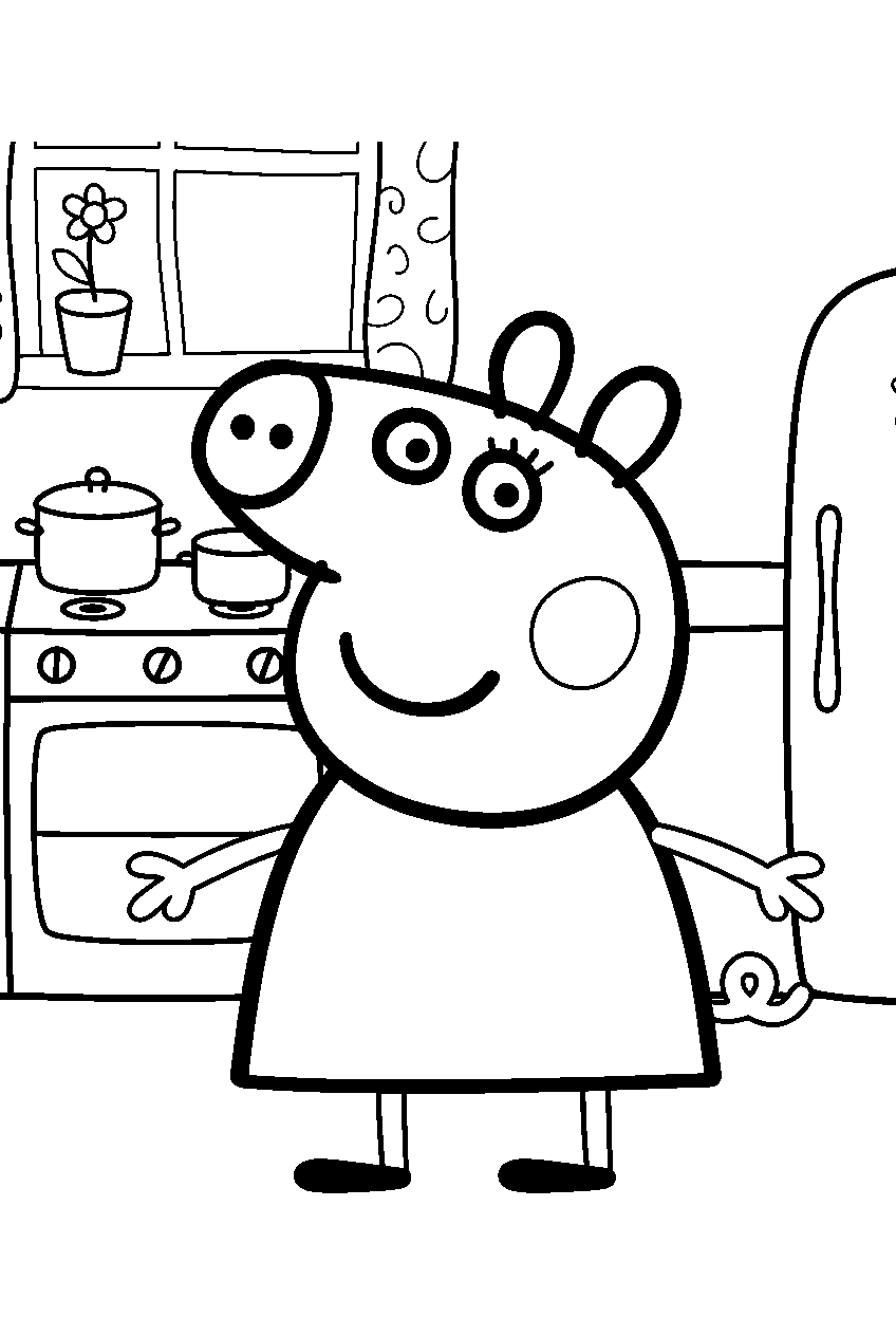 peppa pig in family kitchen line art