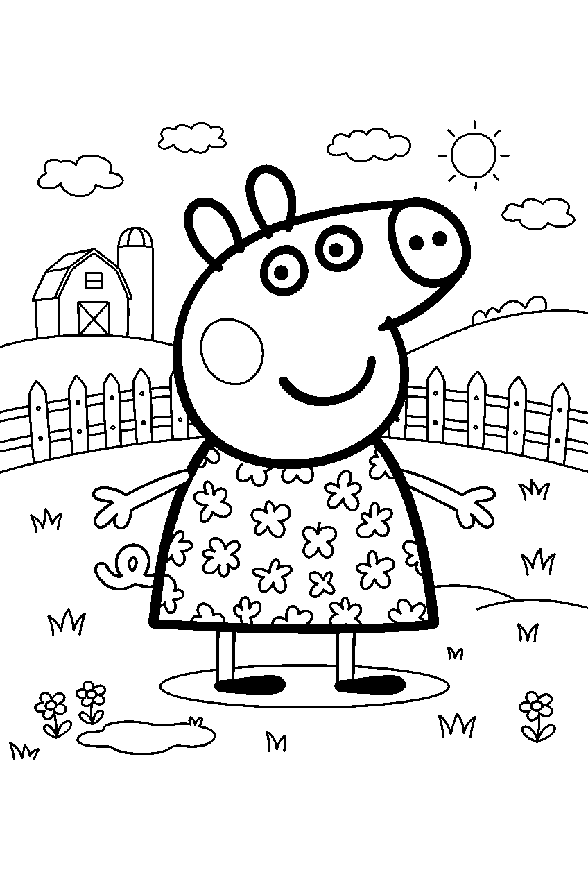 peppa pig in farm pasture line art