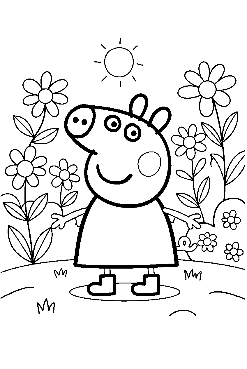 peppa pig in flower garden line art