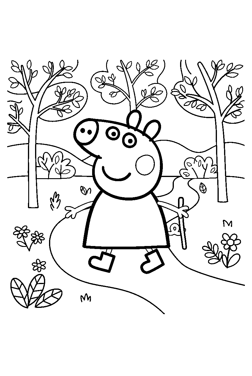 peppa pig in forest trail line art