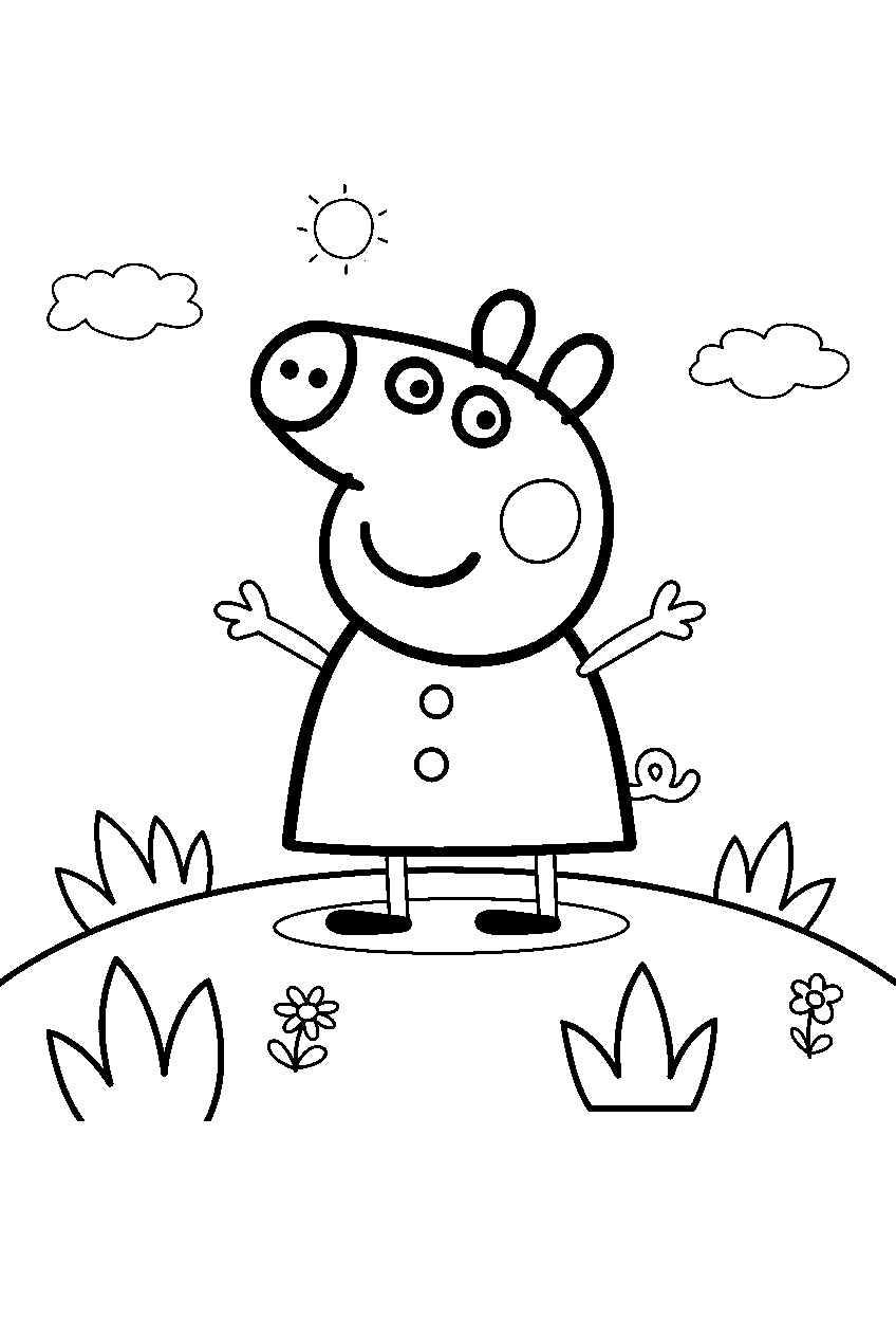 peppa pig in grassy hill line art