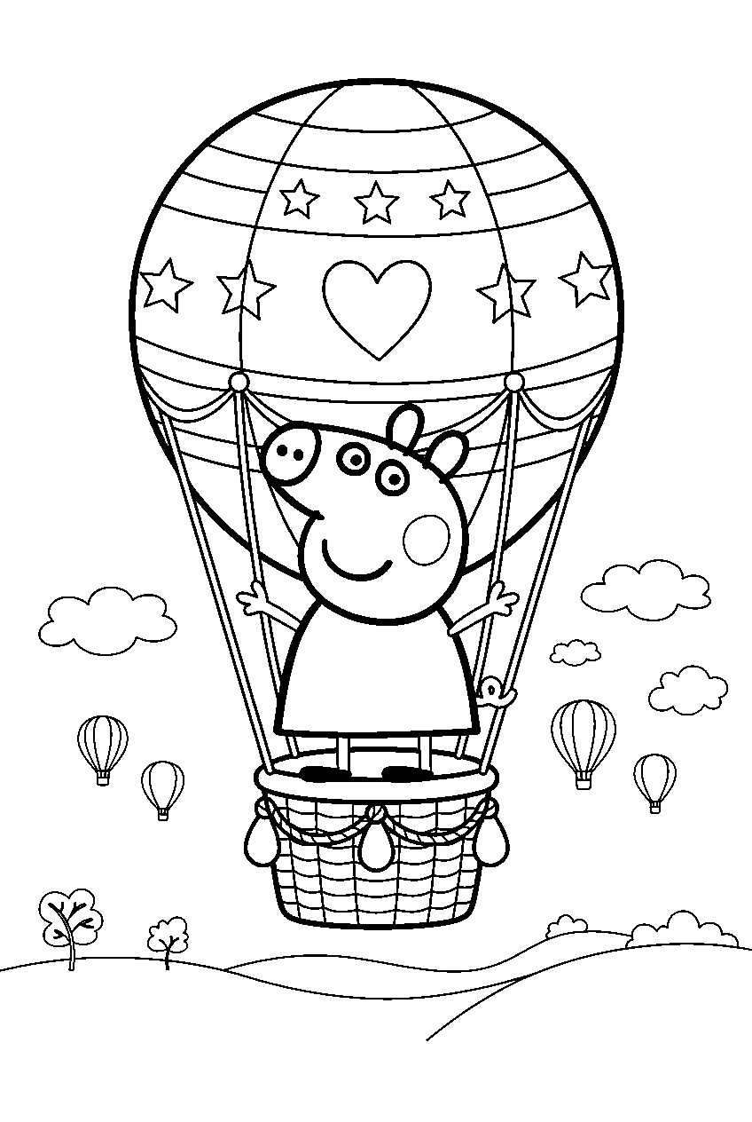 peppa pig in hot air balloon festival line art