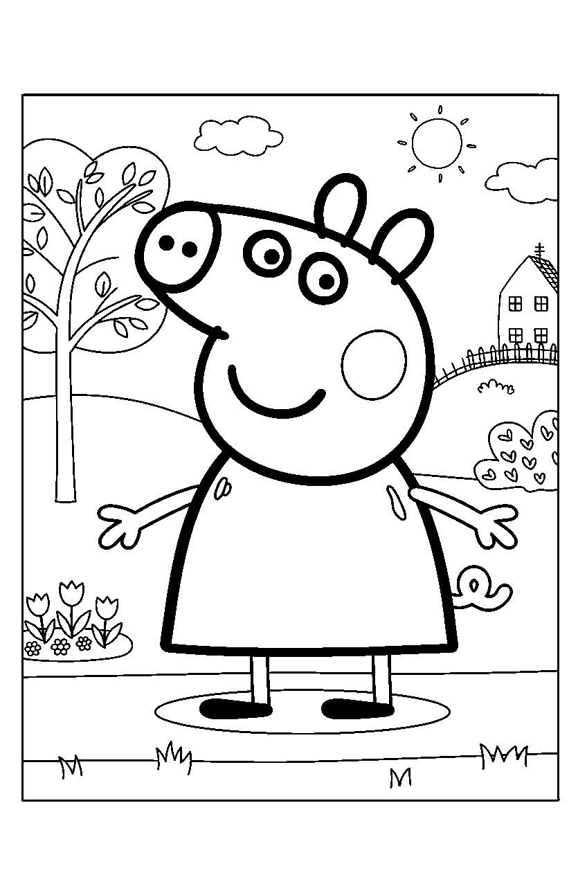 peppa pig in neighborhood park line art