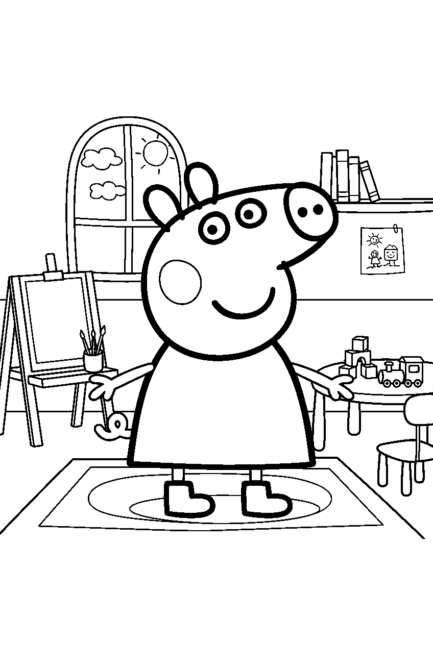 peppa pig in playgroup classroom line art
