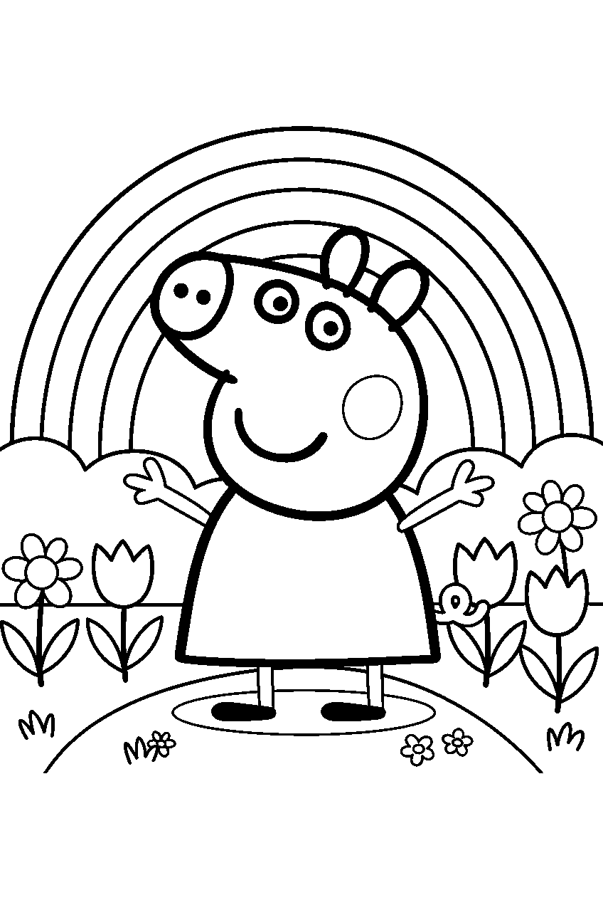 peppa pig in rainbow garden line art