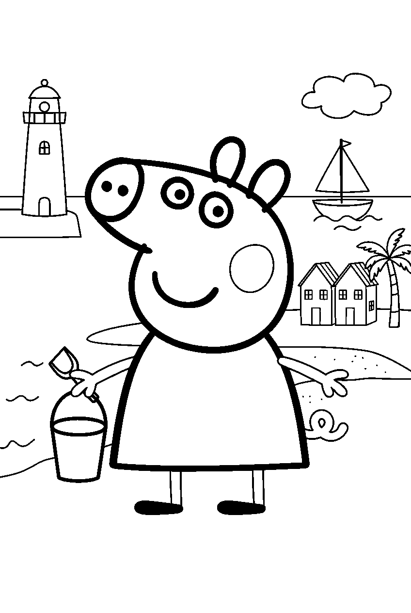 peppa pig in seaside town line art