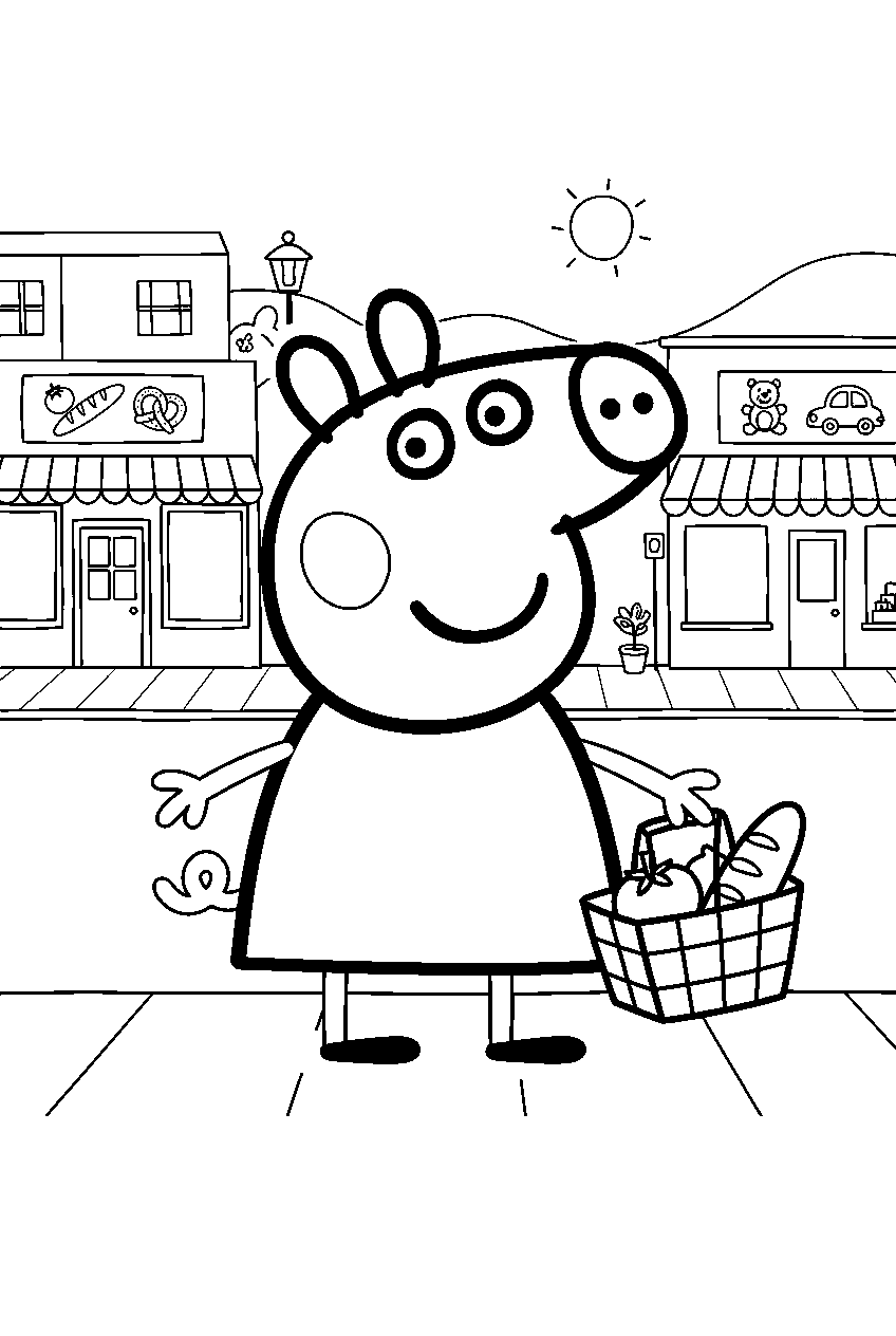 peppa pig in shopping street line art