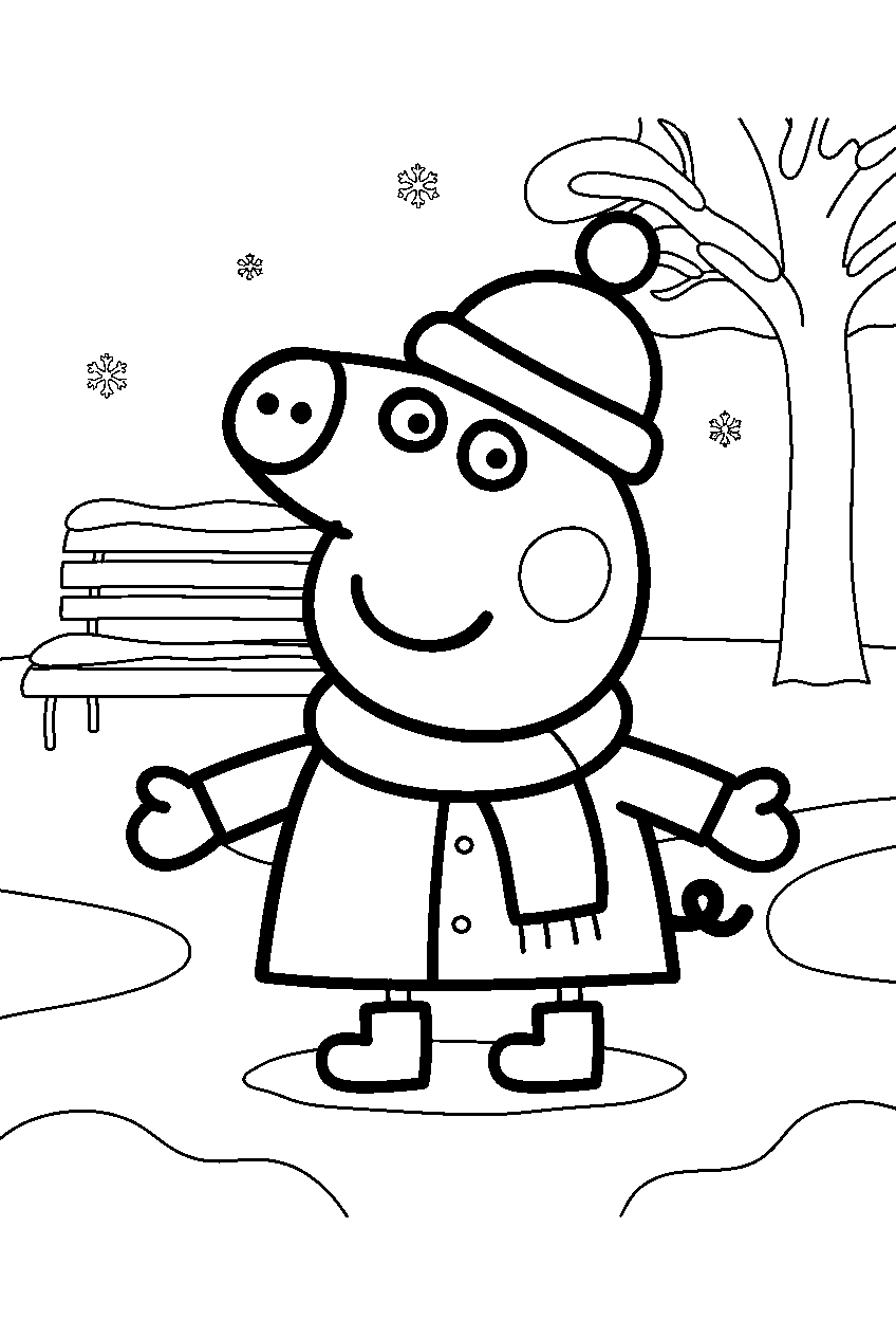 peppa pig in snow covered park line art