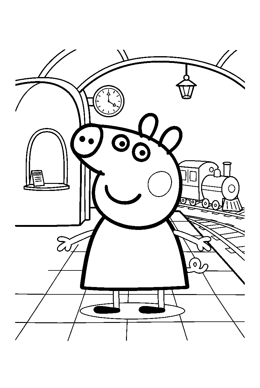 peppa pig in train station line art