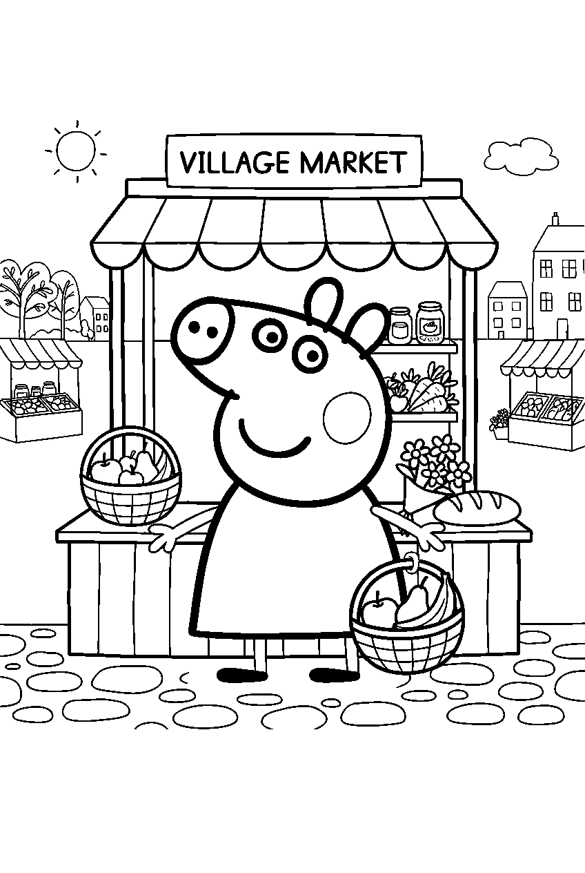 peppa pig in village market line art