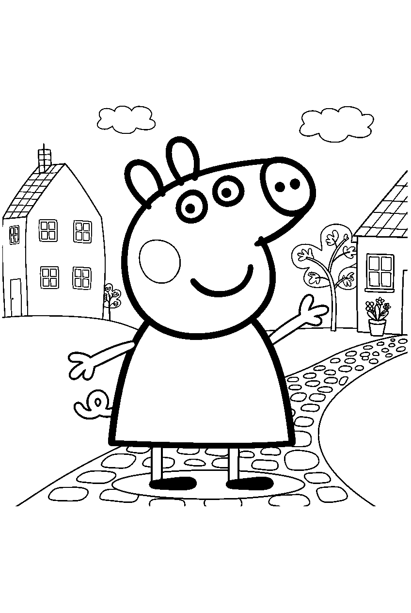 peppa pig in village street line art