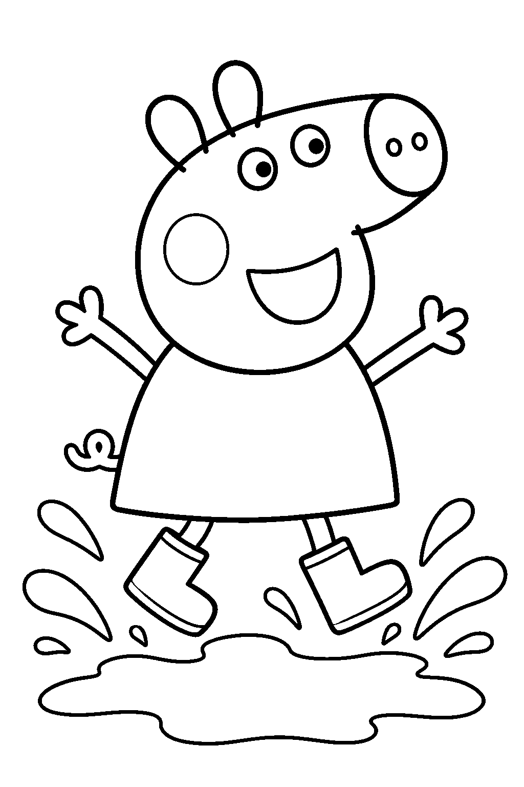 peppa pig jumping in a muddy puddle while wearing her rain boots line art