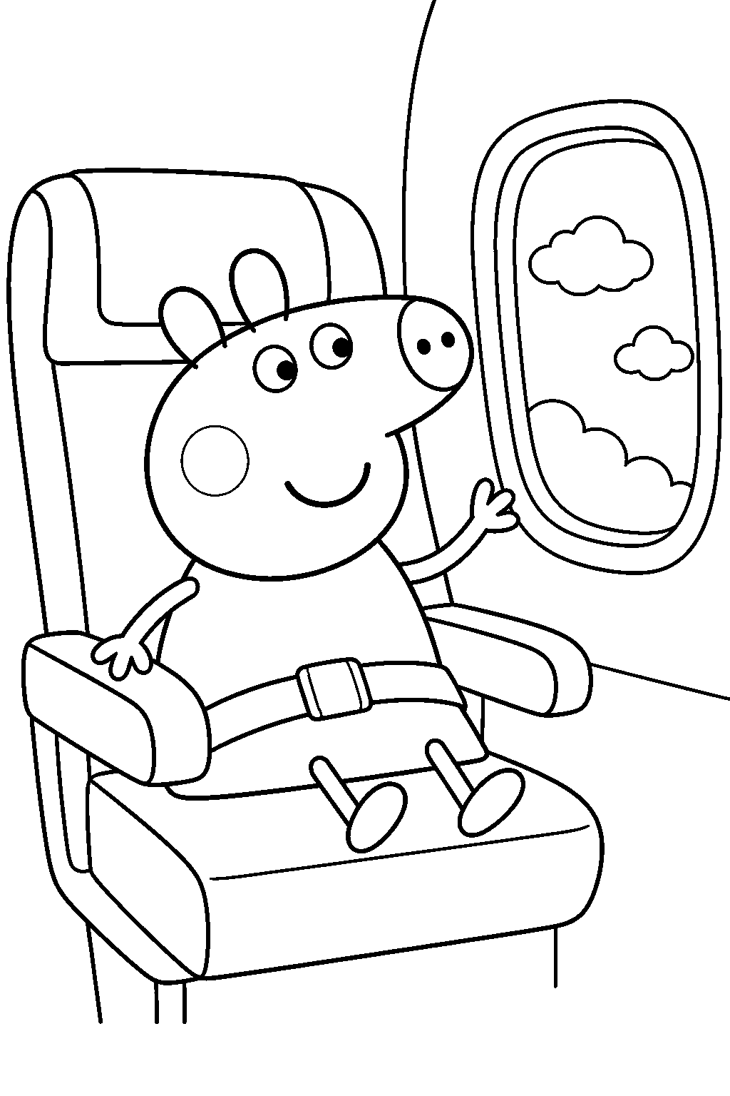 peppa pig looking out of an airplane window during a family holiday line art