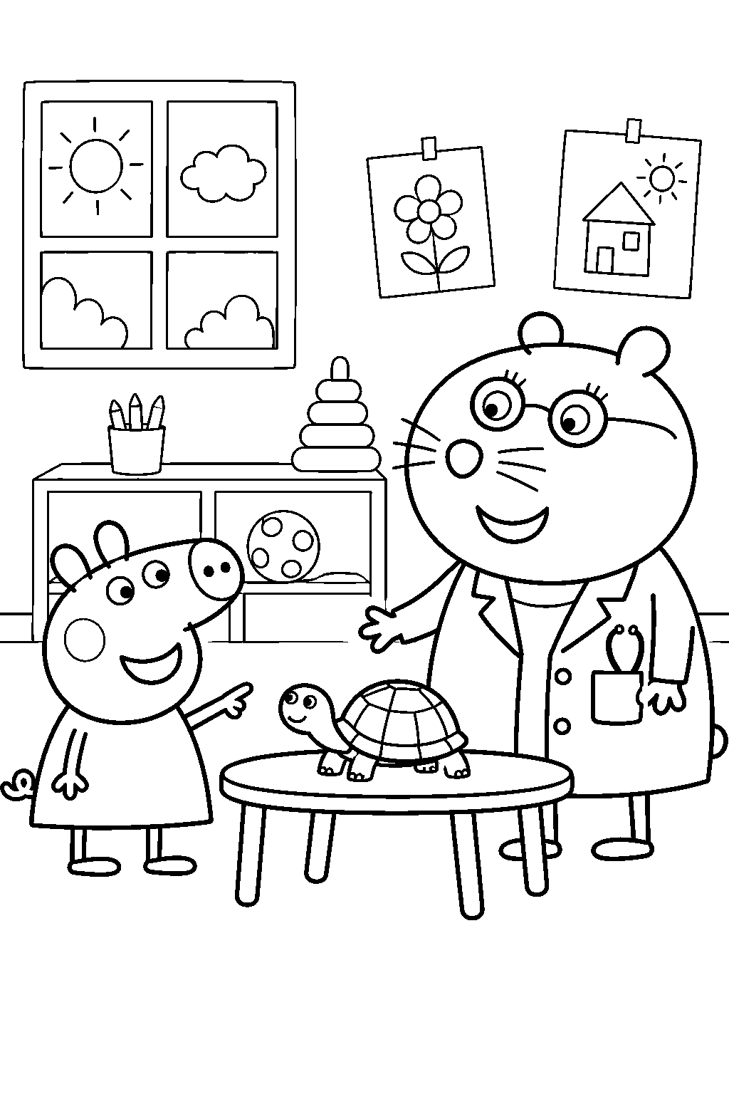 peppa pig meeting doctor hamster and her tortoise at playgroup line art