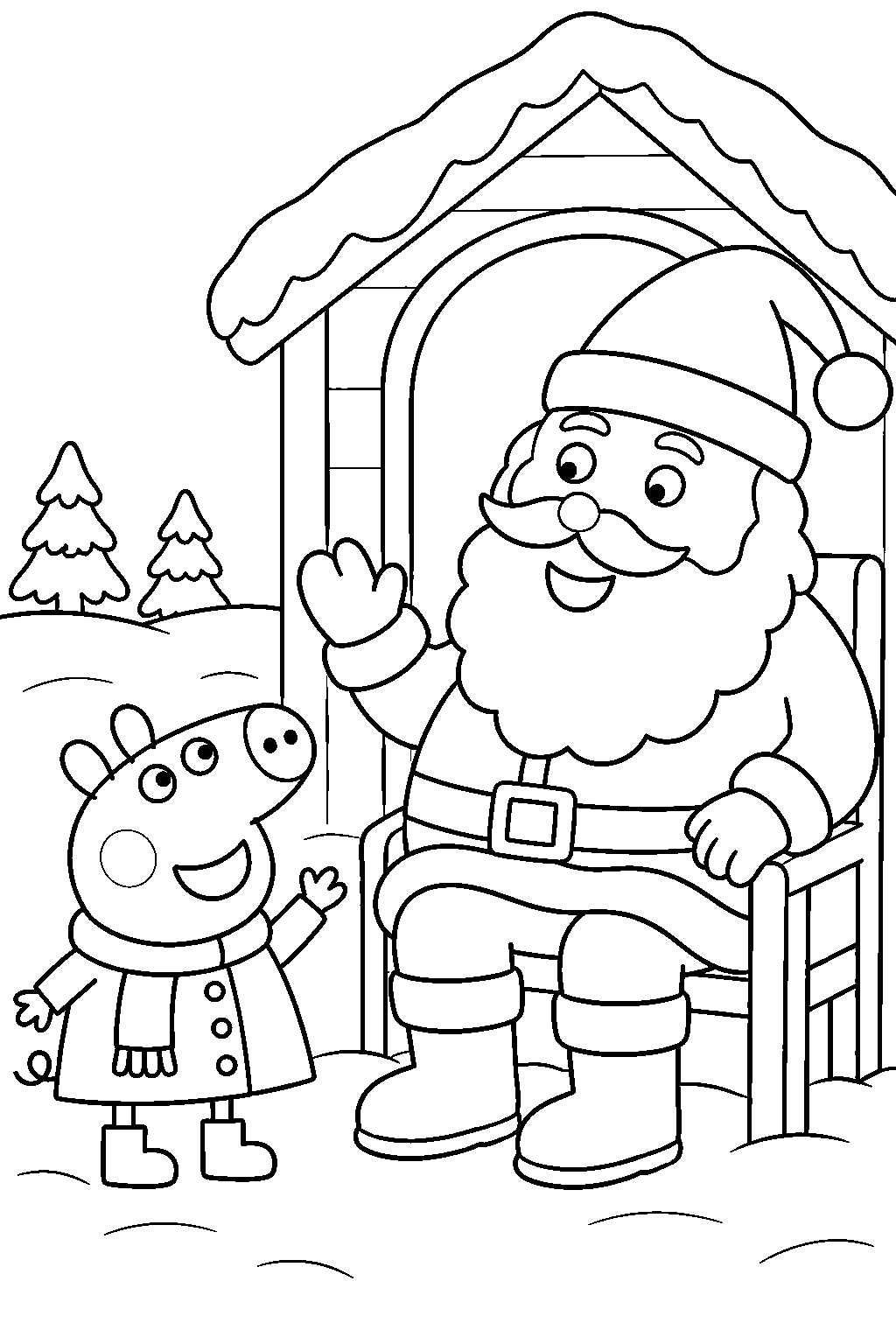 peppa pig meeting father christmas at his snowy grotto line art