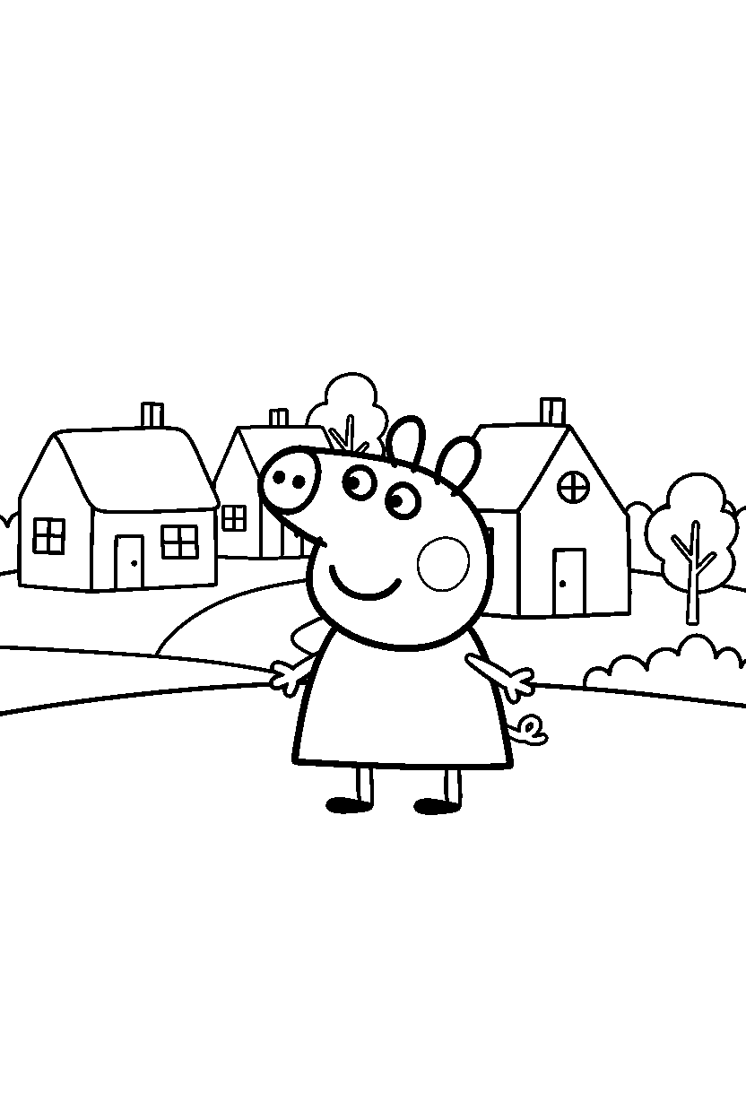 peppa pig observing in village line art
