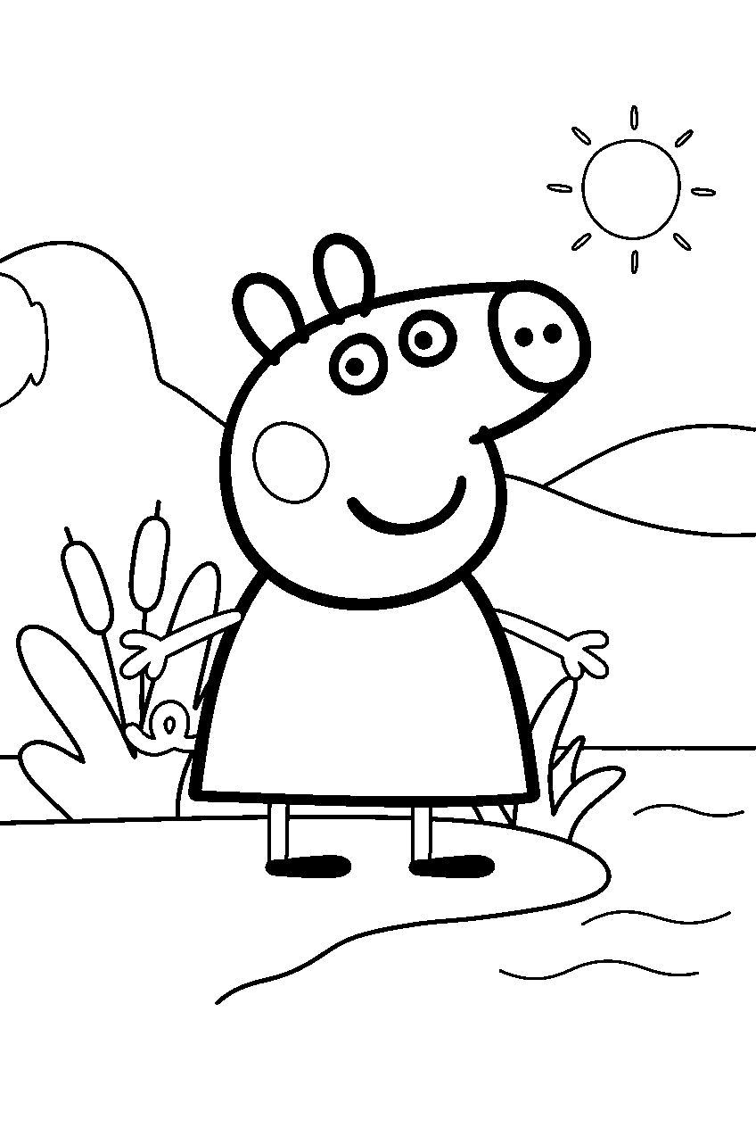 peppa pig on riverbank line art