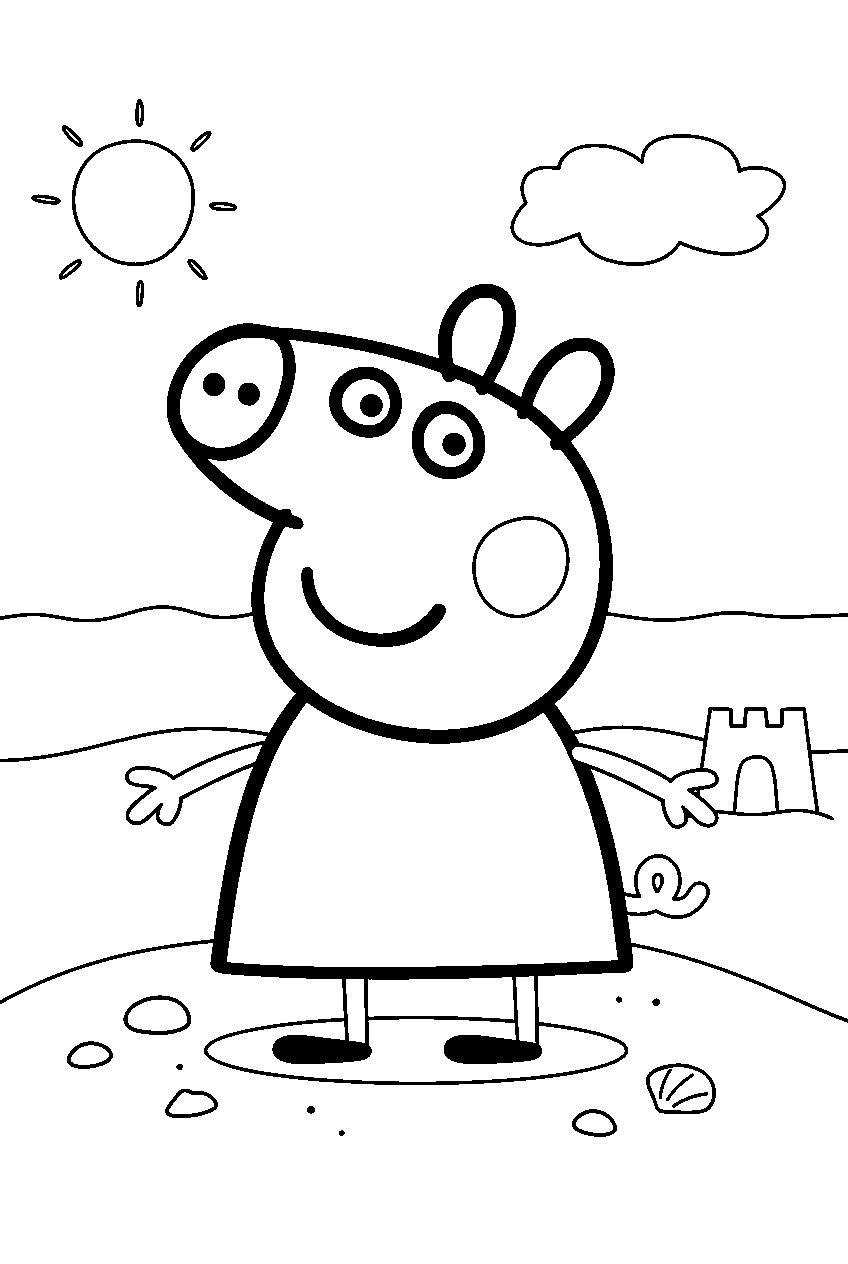 peppa pig on sandy beach line art