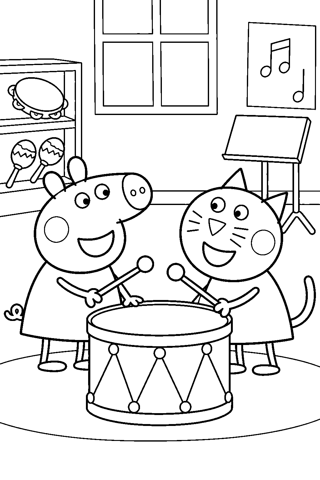 peppa pig playing a drum with candy cat during a playgroup music lesson line art