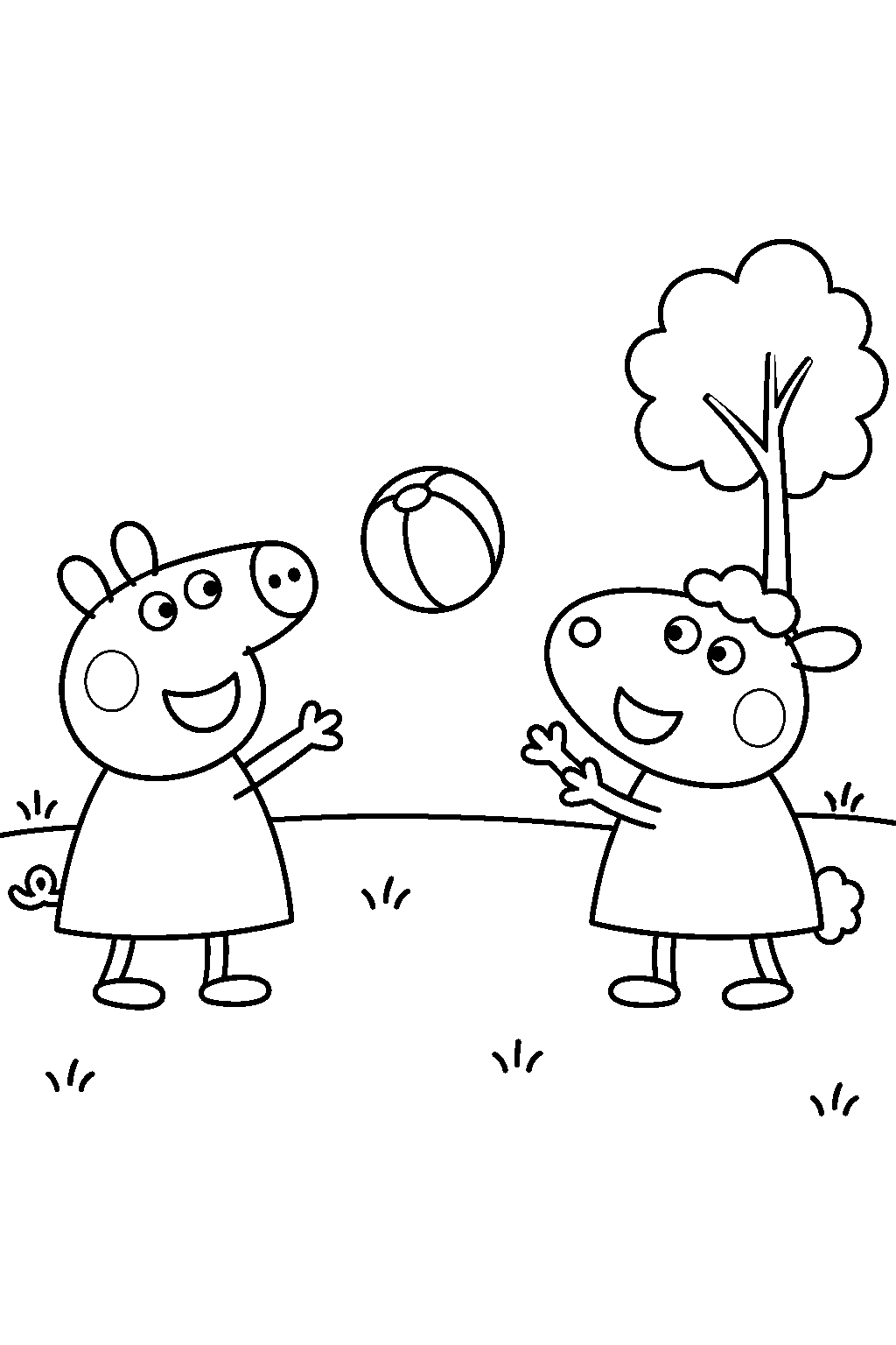 peppa pig playing catch with suzy sheep in the park line art