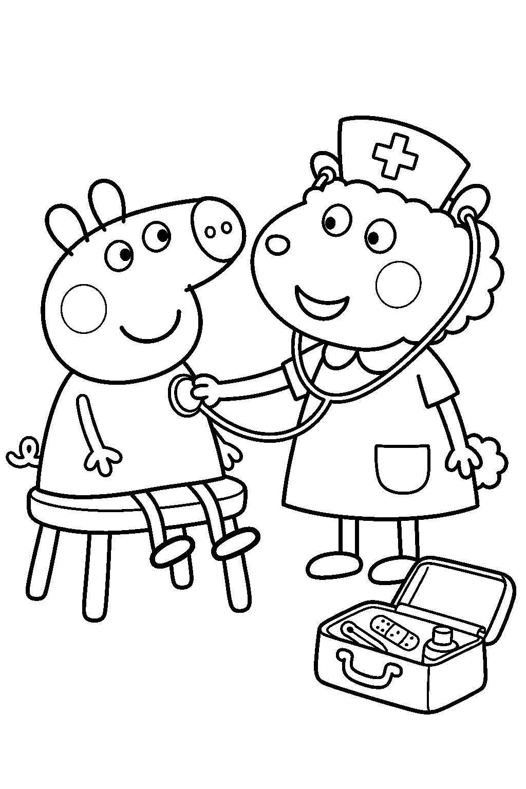 peppa pig playing doctors with suzy sheep dressed as a nurse line art