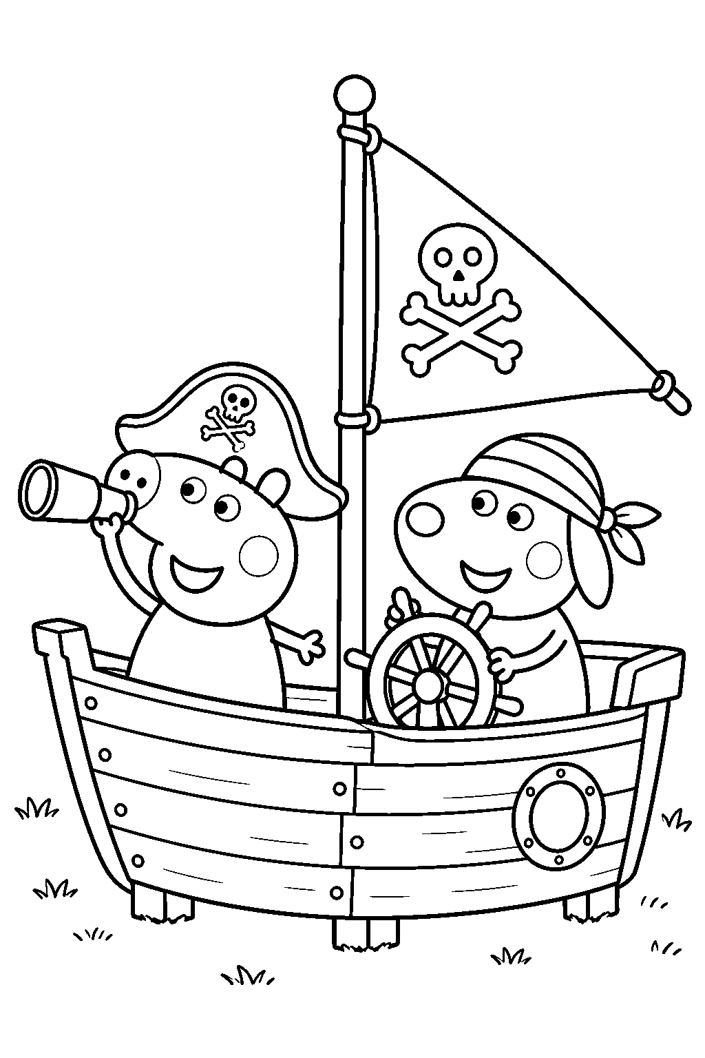 peppa pig playing pirates with danny dog aboard a pretend pirate ship line art