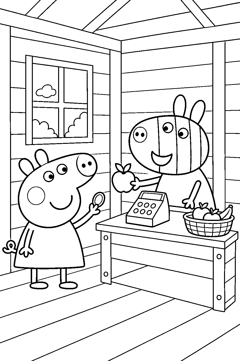 peppa pig playing shop with zoe zebra inside the clubhouse line art