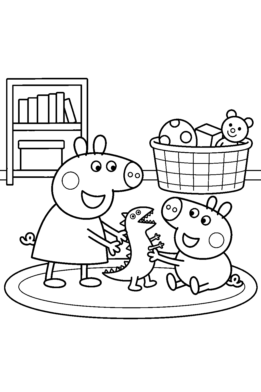 peppa pig playing with george pig and his toy dinosaur in their playroom line art