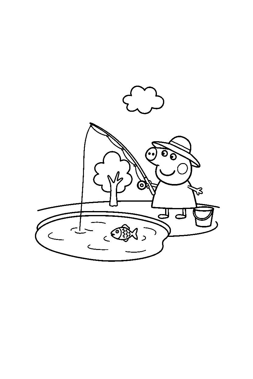 peppa pig posing at fishing spot line art
