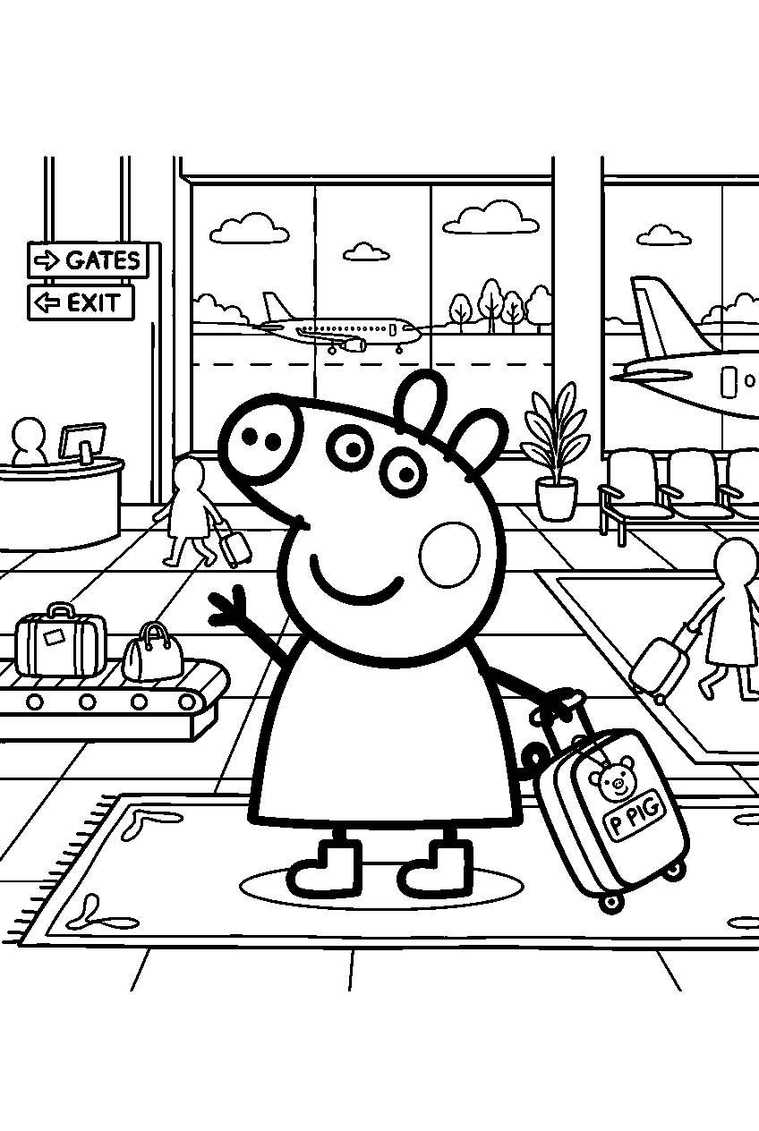 peppa pig posing in airport line art