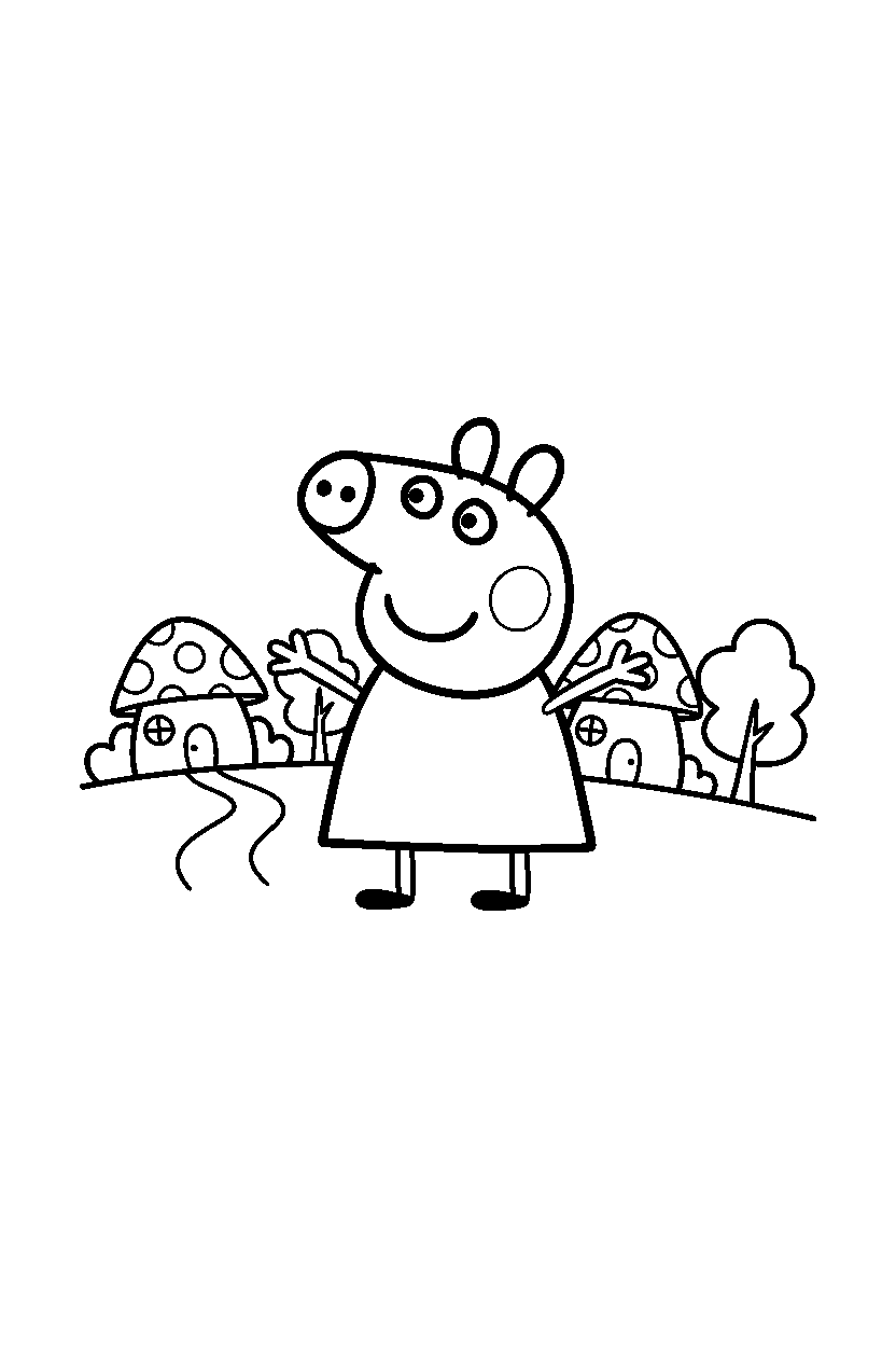 peppa pig posing in village line art