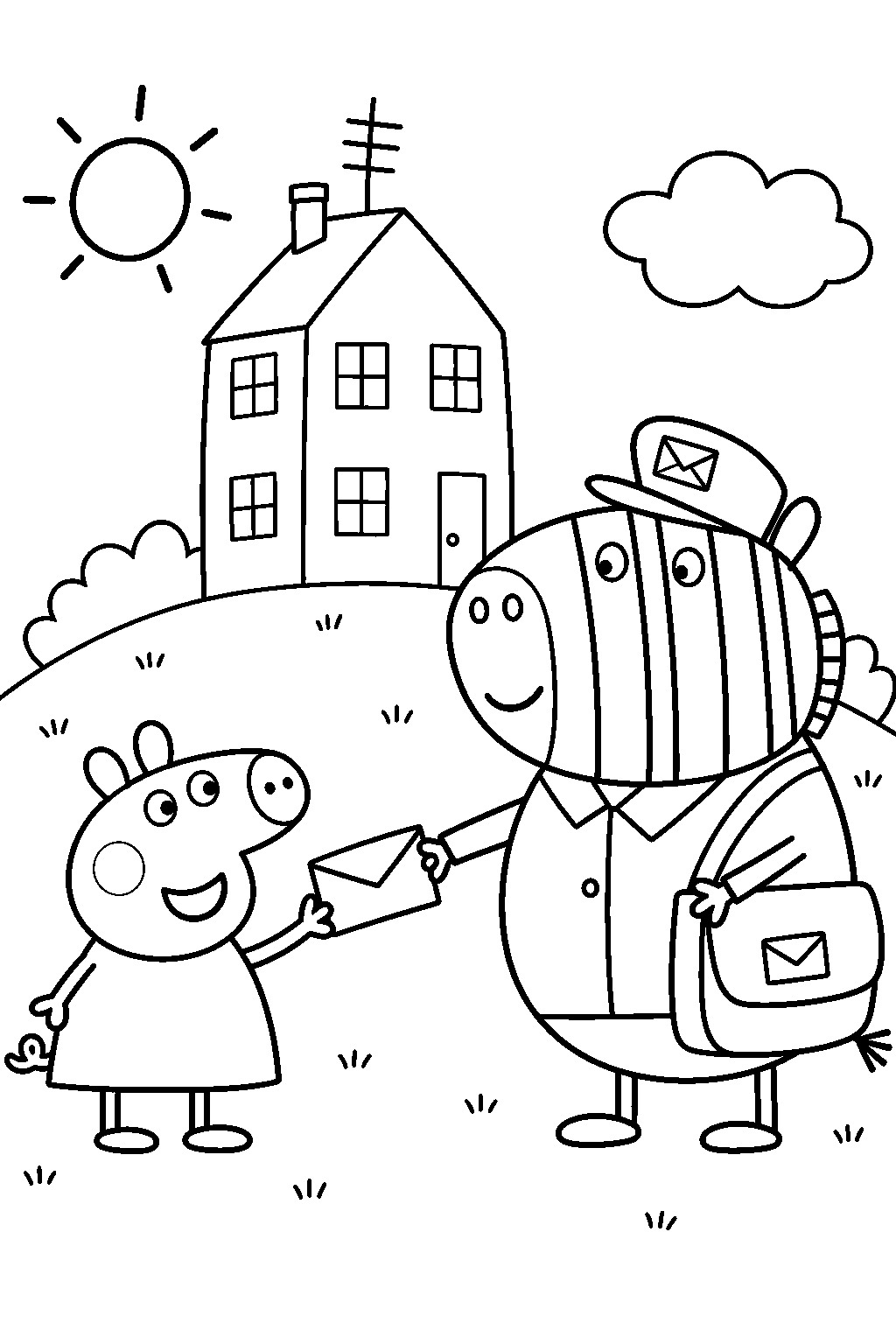 peppa pig receiving a letter from mr zebra outside her house line art