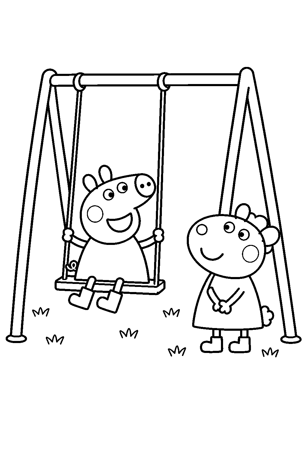 peppa pig riding a playground swing while suzy sheep waits for her turn line art