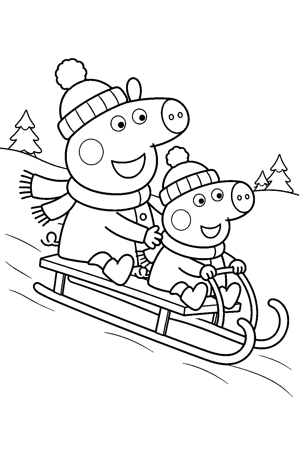 peppa pig riding a sled with george pig down a snowy hill line art