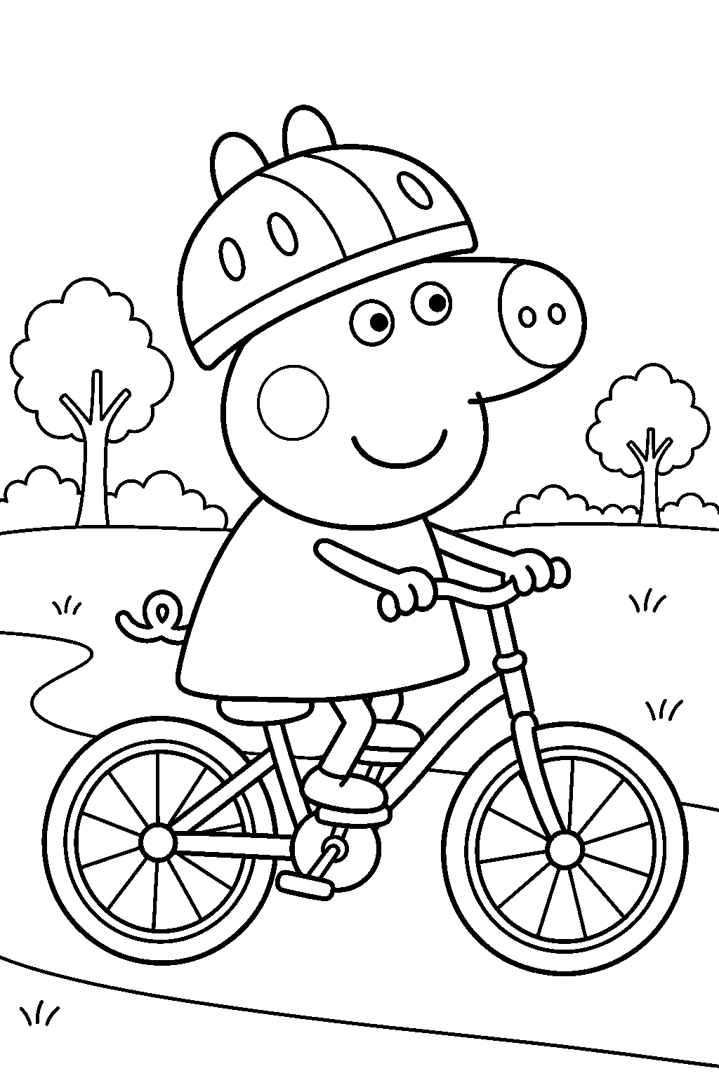 peppa pig riding her bicycle while wearing a helmet on a park path line art