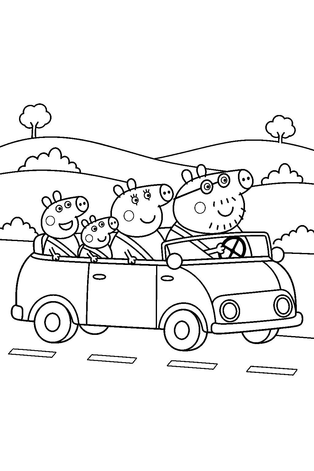 peppa pig riding in the family car with mummy pig daddy pig and george line art