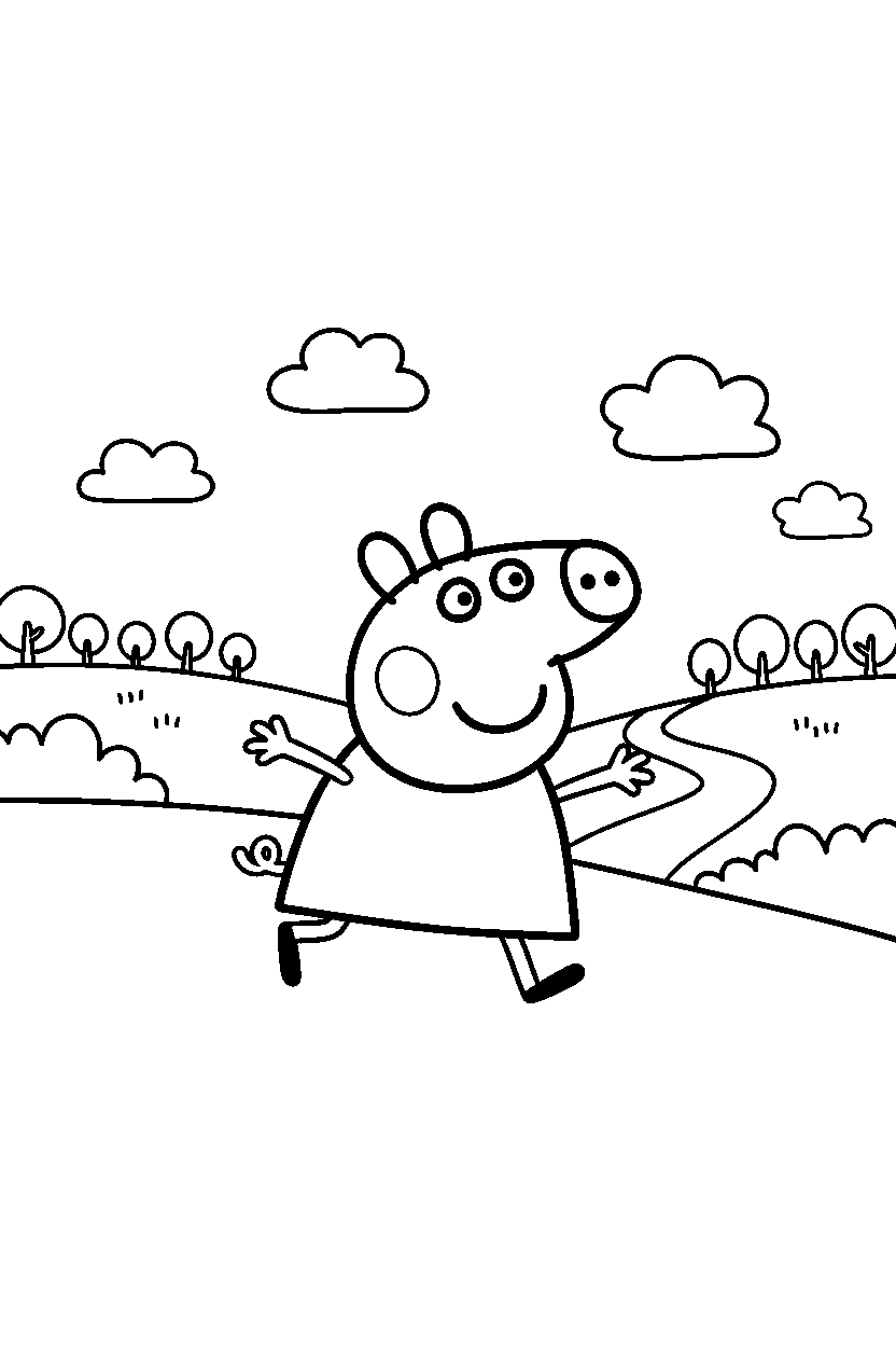 peppa pig running in valley line art