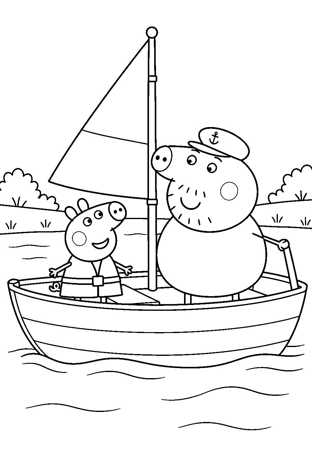peppa pig sailing with grandpa pig aboard his boat on the river line art