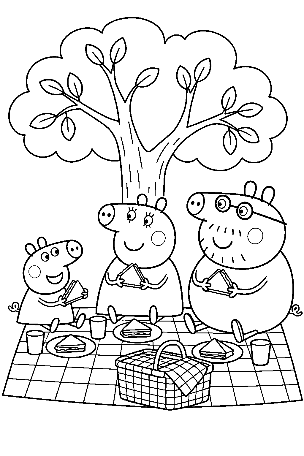peppa pig sharing a picnic with mummy pig and daddy pig under a tree line art