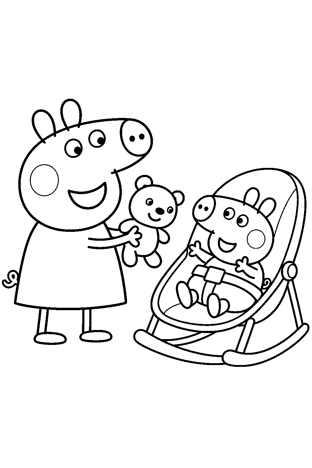 peppa pig showing her teddy bear to baby evie in her rocker chair line art