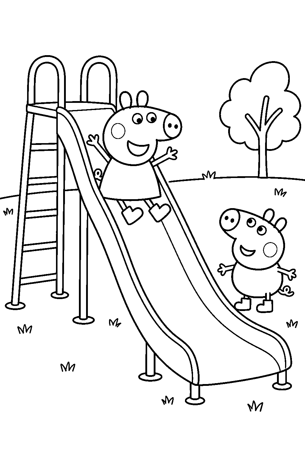 peppa pig sliding down a playground slide while george pig waits below line art