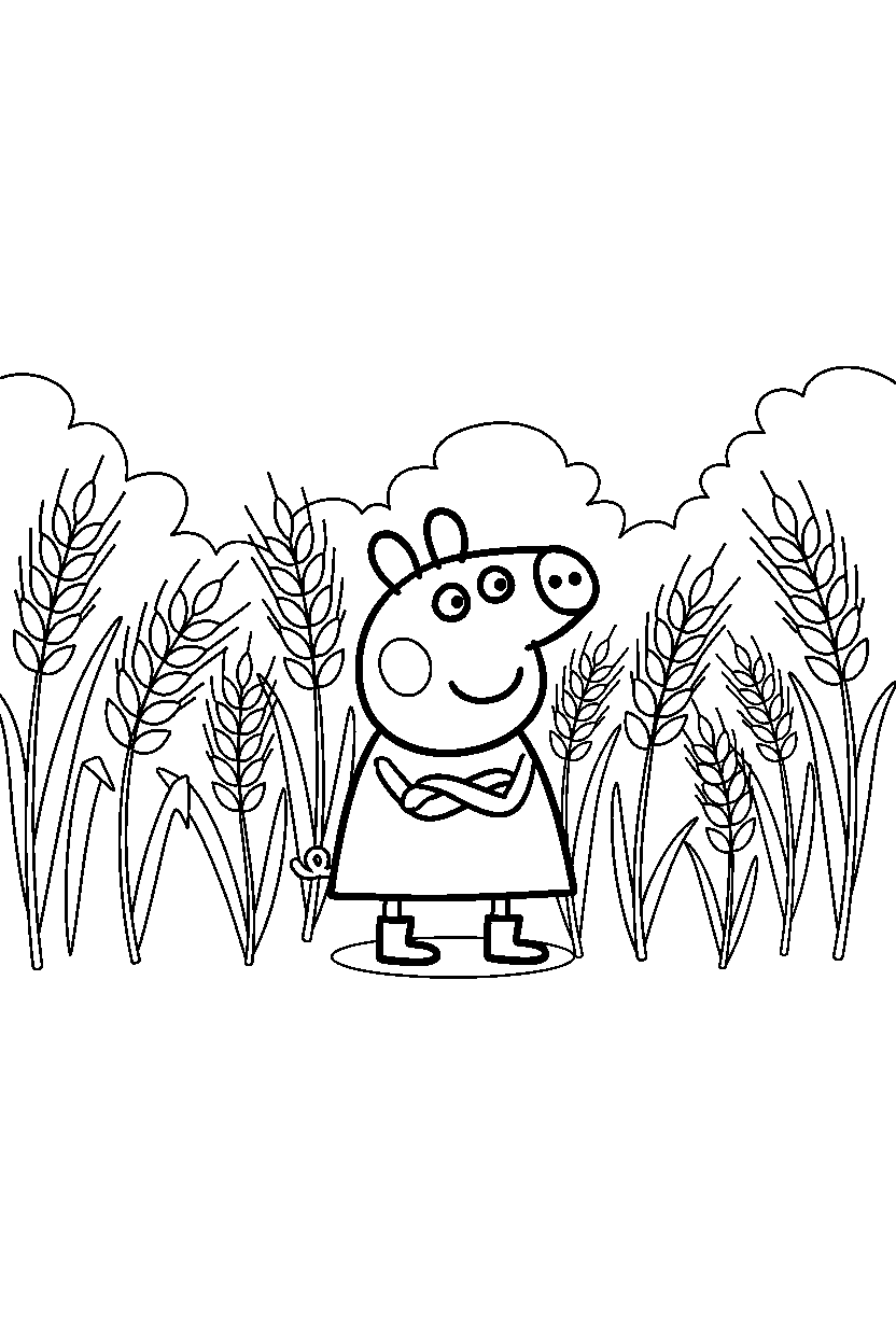 peppa pig standing confidently in wheat field line art