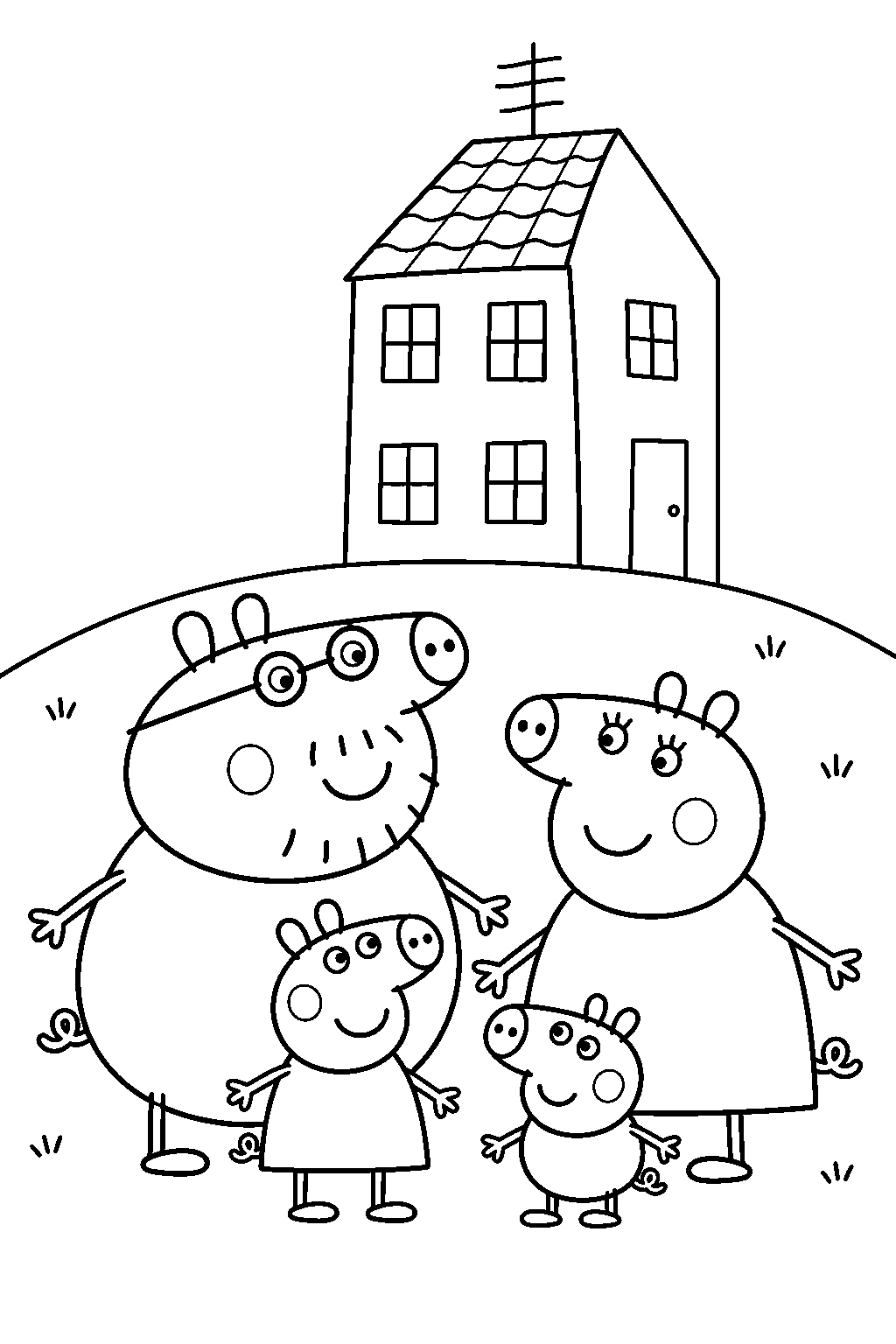 peppa pig standing with mummy pig daddy pig and george beside their hilltop house line art
