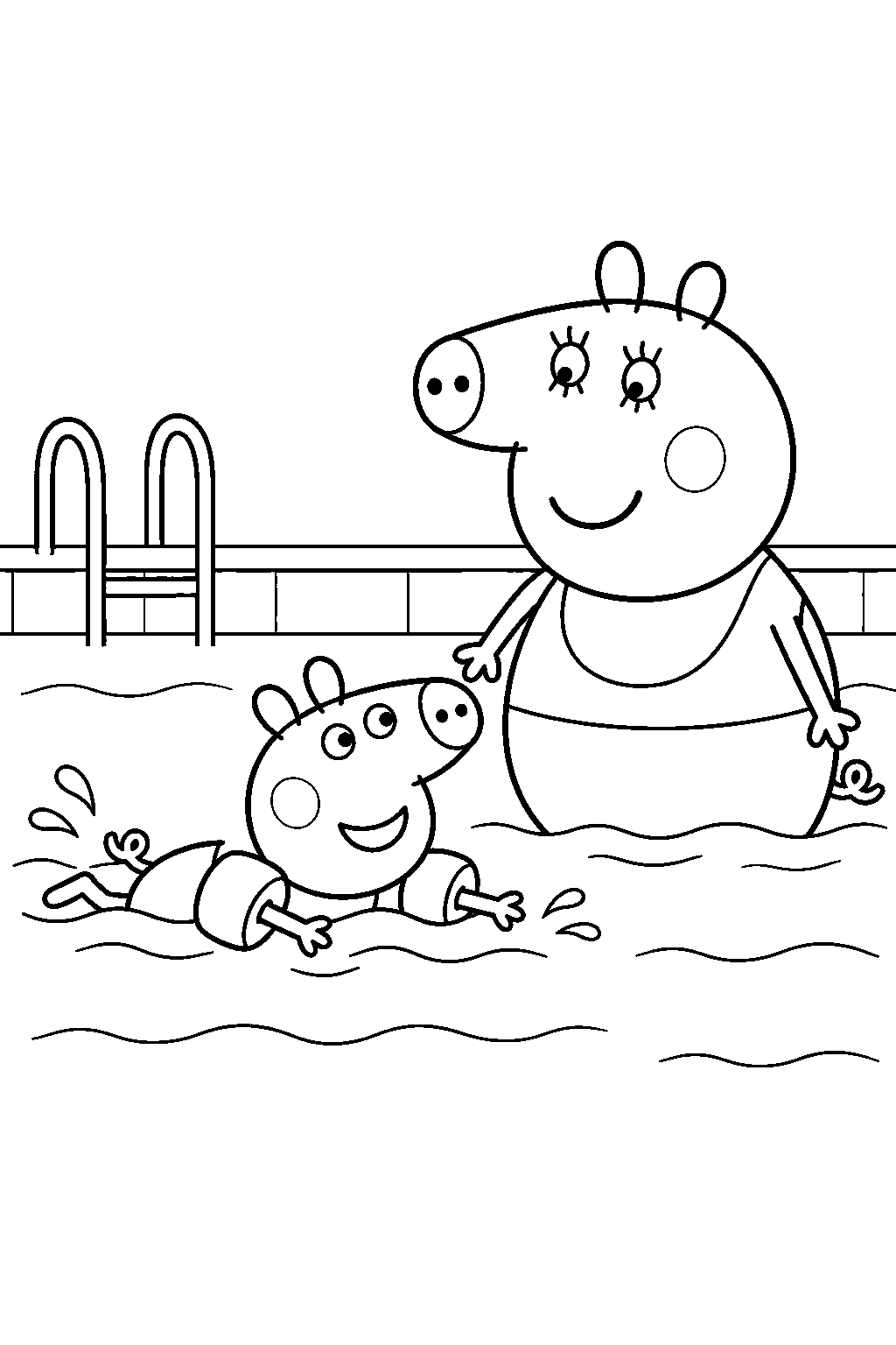 peppa pig swimming with armbands while mummy pig stands beside her in the pool line art